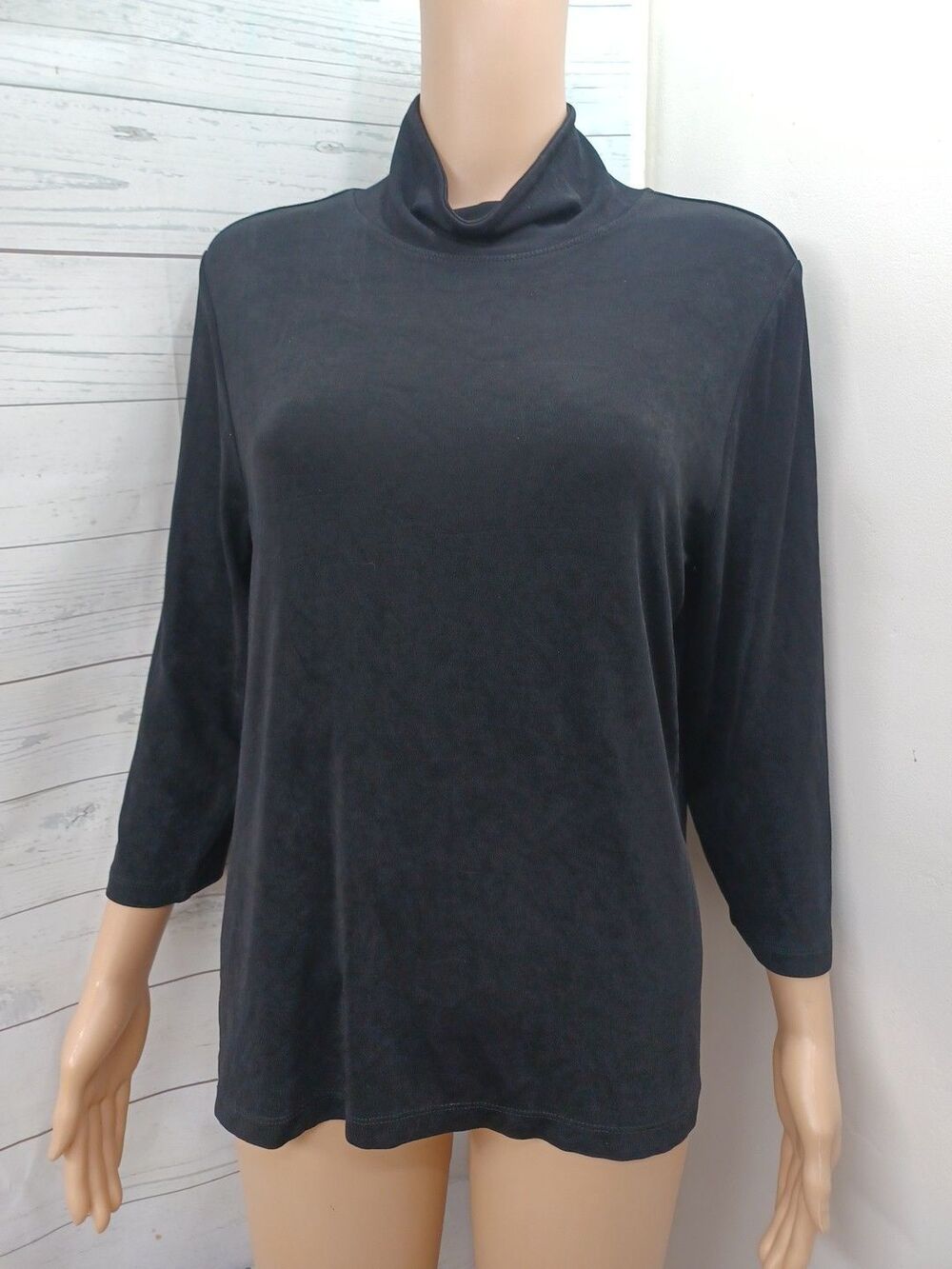 Chicos Travelers Black Slinky Knit 3/4 Sleeve Turtleneck Sz 2 (US LG/12)